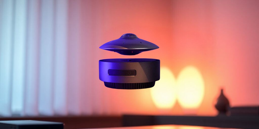 Levitating Bluetooth speaker with LED lights in a cozy setting.