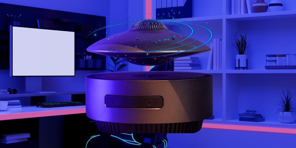 Levitating Bluetooth speaker with colorful LED lights.