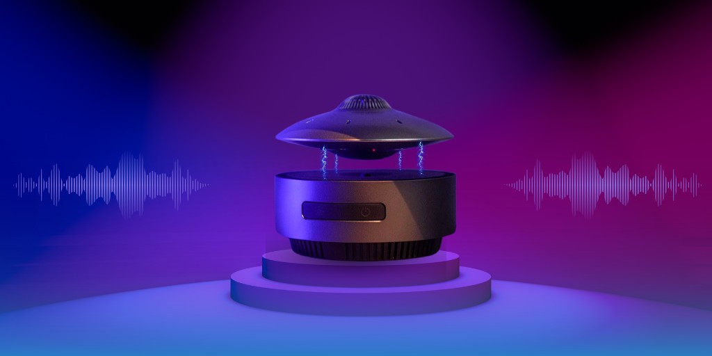 Levitating Bluetooth speaker with colorful LED lights.