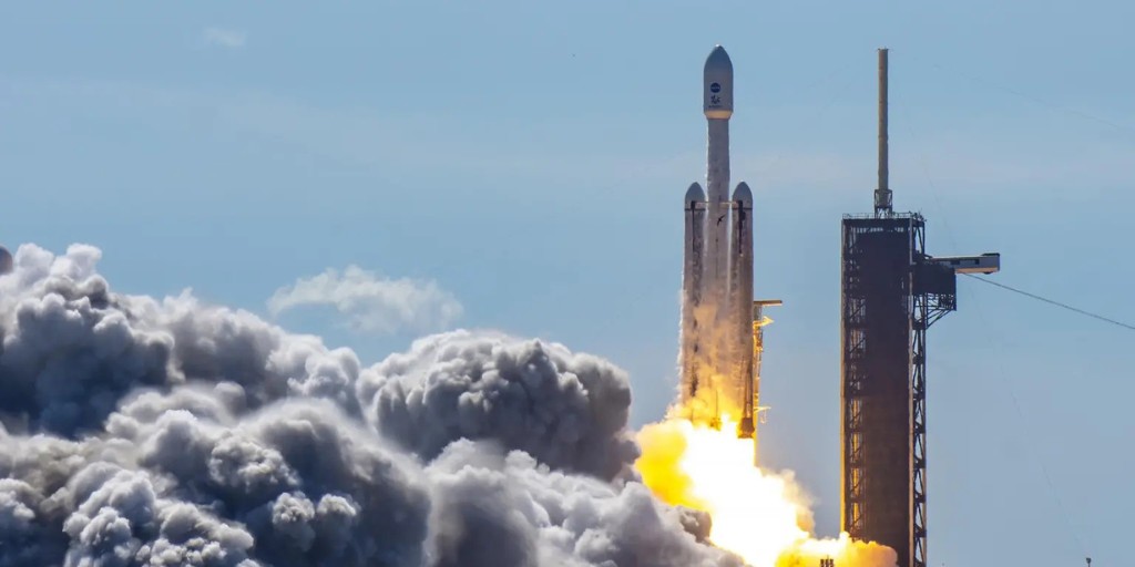 A SpaceX Falcon Heavy rocket carrying NASA’s Europa Clipper spacecraft lifts off from Launch Complex 39A at NASA’s Kennedy Space Center in Florida at 12:06 p.m. EDT on Monday, Oct. 14, 2024.