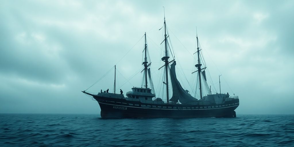 Abandoned Mary Celeste ship in calm ocean waters.