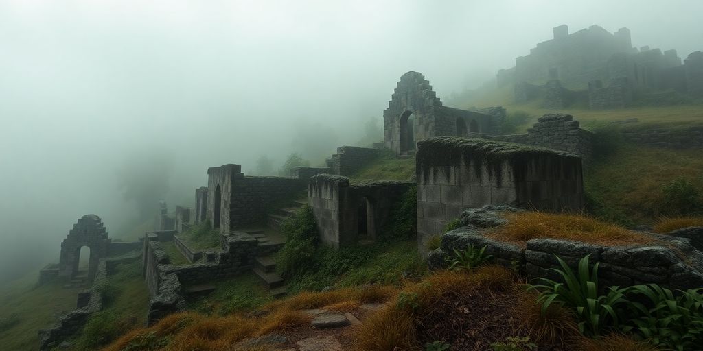 Mysterious ruins shrouded in fog and overgrown vegetation.