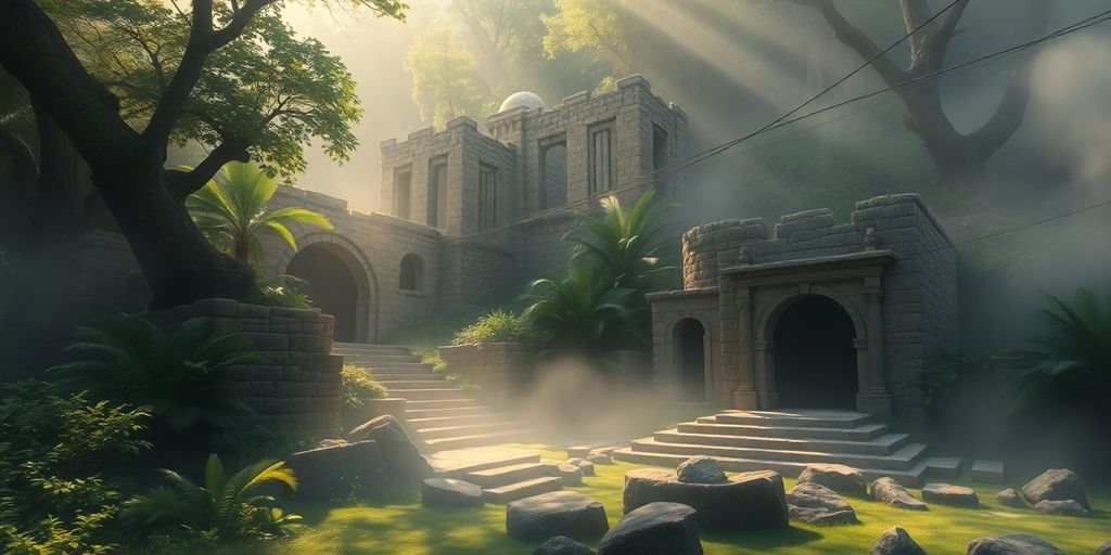 Ancient ruins and a hidden cave in lush greenery.