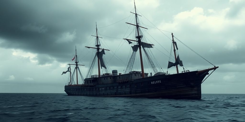 Abandoned Mary Celeste ship in calm ocean waters.