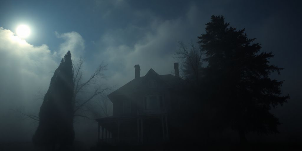 Haunted house with fog and eerie trees at night.