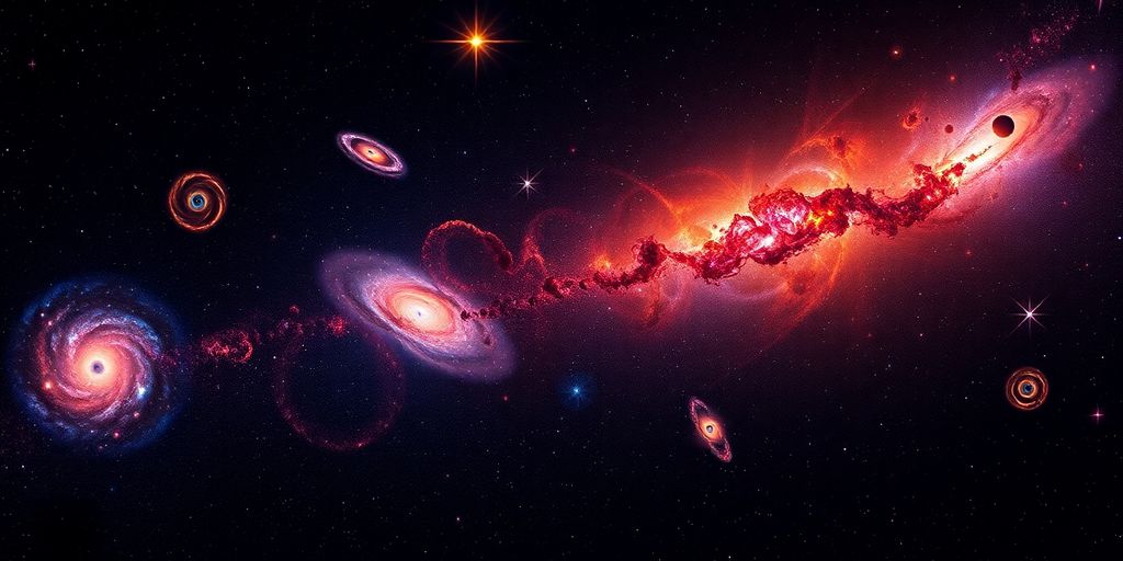 Colorful galaxies and nebulae in a cosmic landscape.