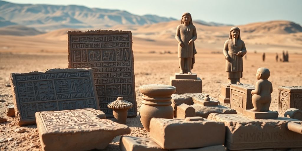 Ancient Sumerian artifacts on display in a desert setting.