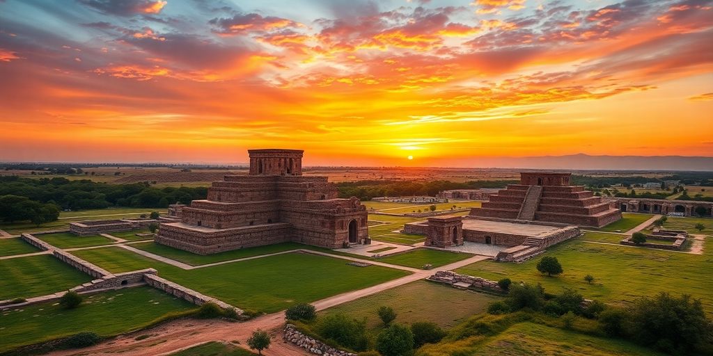 Ancient Mesopotamian ruins with ziggurats and sunset.