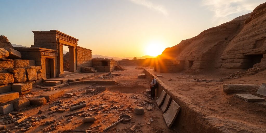 Archaeologists excavating ancient ruins at sunset.