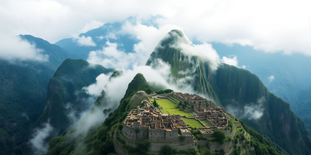 Aerial view of mysterious ancient ruins in mist.