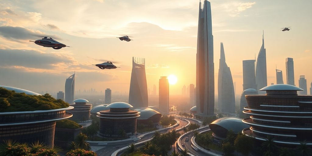 Futuristic cityscape with flying vehicles and greenery at sunset.