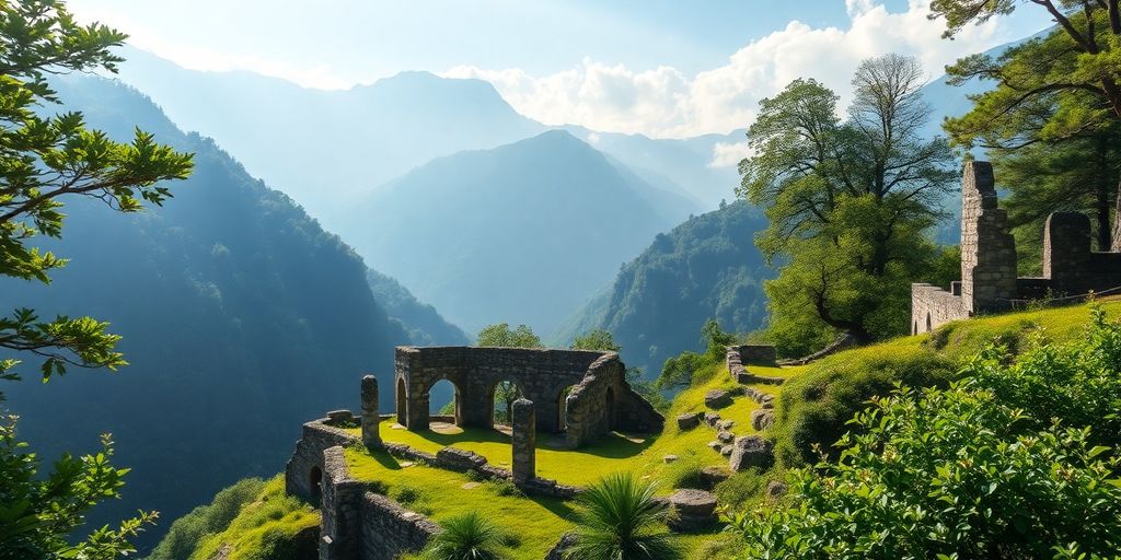 Ancient ruins surrounded by greenery and misty mountains.